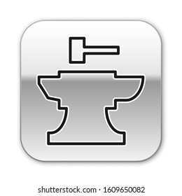 Black line Anvil for blacksmithing and hammer icon isolated on white background. Metal forging. Forge tool. Silver square button. Vector Illustration