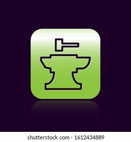 Black line Anvil for blacksmithing and hammer icon isolated on black background. Metal forging. Forge tool. Green square button. Vector Illustration