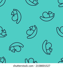 Black line Apple and banana icon isolated seamless pattern on green background. Excess weight. Healthy diet menu. Fitness diet apple.  Vector
