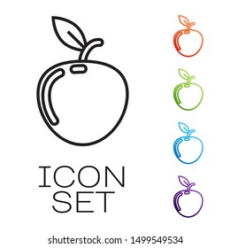 Black line Apple icon isolated on white background. Fruit with leaf symbol. Set icons colorful. Vector Illustration
