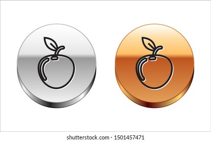 Black line Apple icon isolated on white background. Fruit with leaf symbol. Silver-gold circle button. Vector Illustration