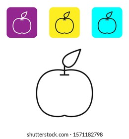 Black line Apple icon isolated on white background. Fruit with leaf symbol. Set icons colorful square buttons. Vector Illustration