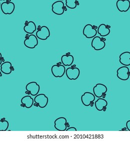 Black line Apple icon isolated seamless pattern on green background. Fruit with leaf symbol.  Vector Illustration
