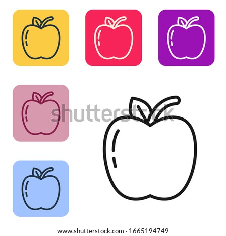 Black line Apple icon isolated on white background. Fruit with leaf symbol. Set icons in color square buttons. Vector Illustration