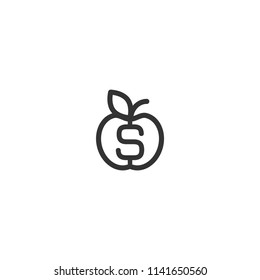 black line apple with leaf and dollar sign. vector icon. Income growth flat icon. Isolated on white. Economy, finance, money symbol. Currency pictogram. 