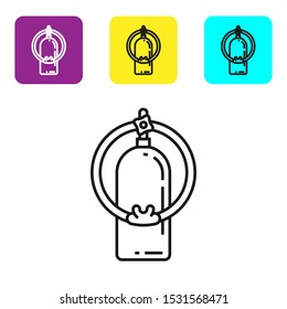 Black line Aqualung icon isolated on white background. Oxygen tank for diver. Diving equipment. Extreme sport. Sport equipment. Set icons colorful square buttons. Vector Illustration