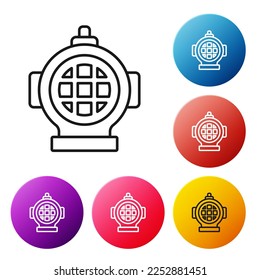 Black line Aqualung icon isolated on white background. Diving helmet. Diving underwater equipment. Set icons colorful circle buttons. Vector