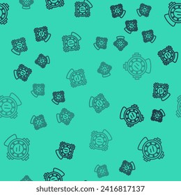 Black line Aqualung icon isolated seamless pattern on green background. Diving helmet. Diving underwater equipment.  Vector