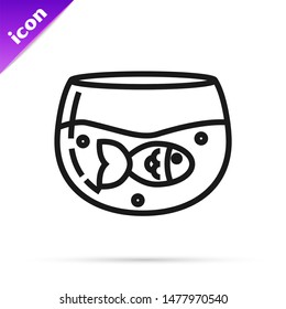 Black line Aquarium with fish icon isolated on white background. Round glass aquarium. Aquarium for home and pets.  Vector Illustration