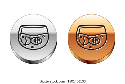 Black line Aquarium with fish icon isolated on white background. Round glass aquarium. Aquarium for home and pets. Silver-gold circle button. Vector Illustration