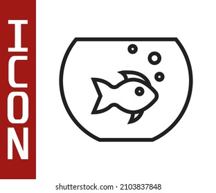 Black line Aquarium with fish icon isolated on white background. Round glass aquarium. Aquarium for home and pets.  Vector