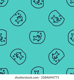 Black line Aquarium with fish icon isolated seamless pattern on green background. Round glass aquarium. Aquarium for home and pets.  Vector