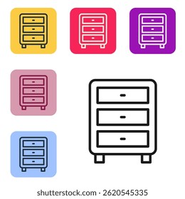 Black line Archive papers drawer icon isolated on white background. Drawer with documents. File cabinet drawer. Office furniture. Set icons in color square buttons. Vector
