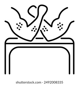 Black line arm wrestling icon, two muscular arms on a table. Vector monochrome illustration, editable stroke