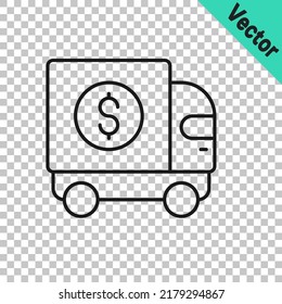 Black line Armored truck icon isolated on transparent background.  Vector