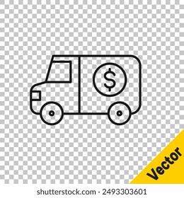 Black line Armored truck icon isolated on transparent background.  Vector