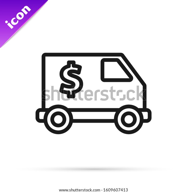 Black line Armored truck icon isolated on\
white background.  Vector\
Illustration