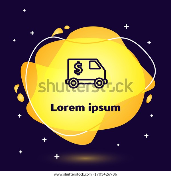 Black line\
Armored truck icon isolated on blue background. Abstract banner\
with liquid shapes. Vector\
Illustration