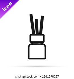 Black line Aroma diffuser icon isolated on white background. Glass jar different with wooden aroma sticks.  Vector