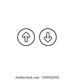black line arrow up in box and arrow down in circle. flat icon isolated on white. point down button. south sign. Upload icons set. Upgrade. download, share