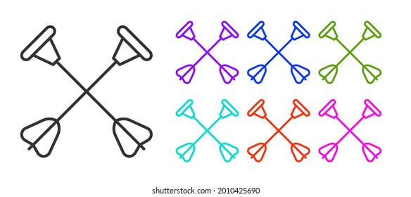 Flecha de línea negra con icono de punta de sucker aislado en fondo blanco. Indique los iconos en colores. Vector