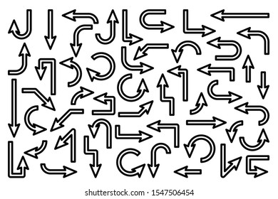 Black Line Arrows Set on White Background. Arrow, Cursor Outline Icon. Vector Pointers Collection. Back, Next Web Page Sign. 