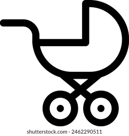 Black line art of a baby stroller icon, simple and modern design.