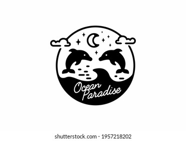 Black line art badge illustration of ocean life design