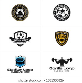 Black line art badge logo design ball combined building illustration bodybuilding lift barbell suitable for sports gym soccer cup competition