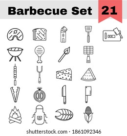 Black Line Art Barbecue Icon Set On White Background.