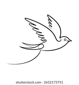Black line art of a bird in flight with flowing tail feathers flying animal