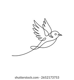 Linha preta arte de um pássaro em voo com asas espalhadas e cauda fluindo voando