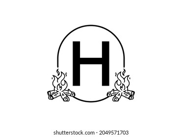 Black line art of bonfire with H initial letter design