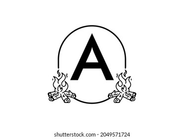Black line art of bonfire with A initial letter design