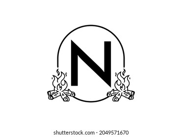 Black line art of bonfire with N initial letter design