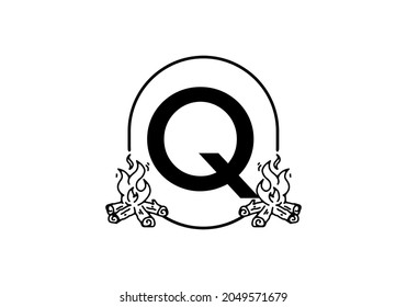 Black line art of bonfire with Q initial letter design