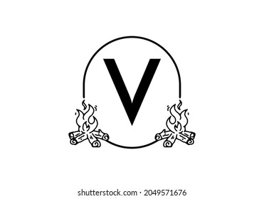 Black line art of bonfire with V initial letter design
