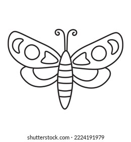 Black line art butterfly icon. Doodle black and white night moth vector illustration. Insect outline on white background. Retro mystical symbol for decoration, greeting card, poster, print