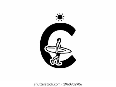 Black line art of C initial letter with surfer shape