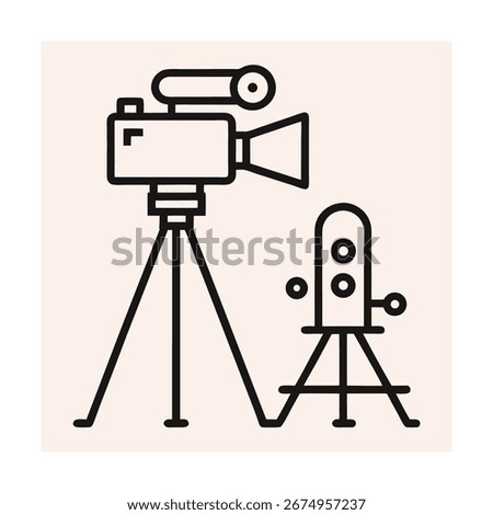Black line art of a camera on a tripod and a microphone on a smaller tripod.