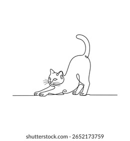 Black line art of a cat stretching on a white background feline animal 1