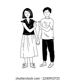 Black line art character illustration. Stylish girl and boy in love and make a heart gesture with their hands