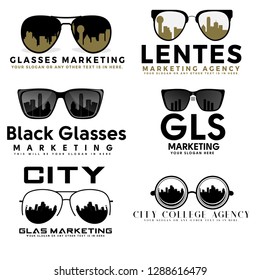 Black line art circle eyeglasses building sparkle combination logo design template vector suitable for glasses marketing accessories shop college agency lens optical