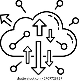 Nube de arte de línea negra con flechas y nodos que representan la transferencia de datos Cargar de computación en nube