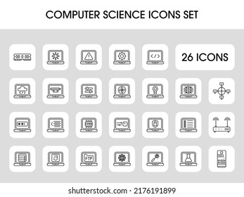 Black Line Art Computer Science Sqaure Icon Set.