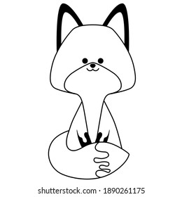 Black line art cute fox isolated on white background. Flat design for poster or t-shirt. Vector illustration