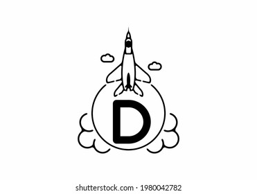 Black line art of D initial letter with flying jet design