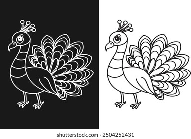 Black line art of a dancing peacock for kids coloring book in white background 