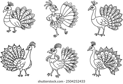 Black line art of a dancing peacock for kids coloring book in white background 