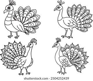 Black line art of a dancing peacock for kids coloring book in white background 